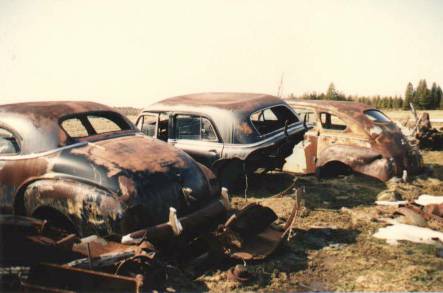 Image: old rusted broken cars in a field